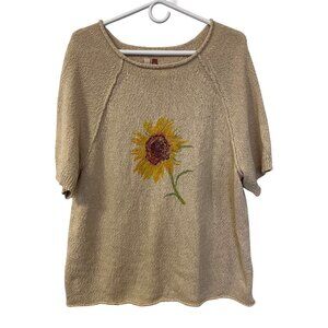 Anthropologie Pilcro Sunflower Graphic Knit Short Sleeve Sweater Size XL Beige